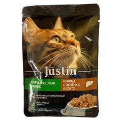 Корм для кошек Justin 75гр\28шт для взрослых кошек с курицей и печенью в соусе 