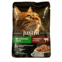 Корм для кошек Justin 75гр\28шт для взрослых кошек с говядиной в соусе 